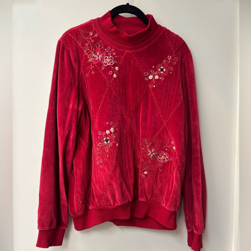 Alfred Dunner Red Floral Embroidered Turtleneck Sweater